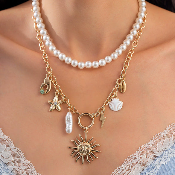 Pendant Collarbone Necklace Alloy Imitation Pearl Beaded Geometric Electroplating Starfish Shell Women's