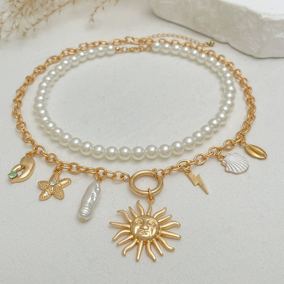 Pendant Collarbone Necklace Alloy Imitation Pearl Beaded Geometric Electroplating Starfish Shell Women's