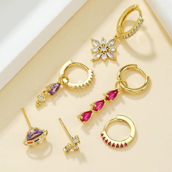 Pendant Earrings Copper Zirconia Niche Style Cartoon Astronaut Water Drop Splicing Flower Pattern
