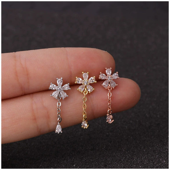 Pendant Earrings Stainless Steel Flower Inlaid Zircon Women's