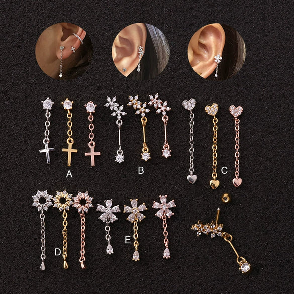 Pendant Earrings Stainless Steel Flower Inlaid Zircon Women's