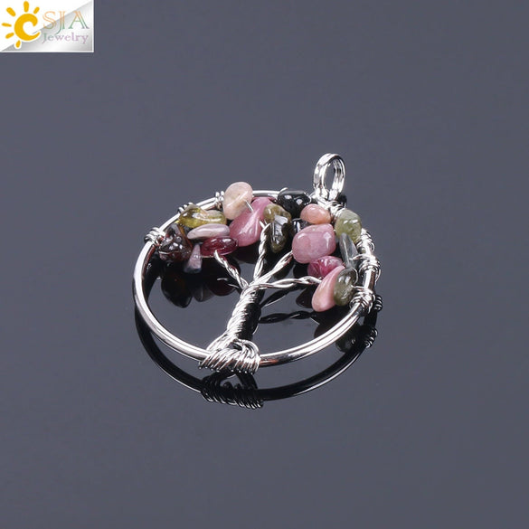 Pendant Jewelry Handmade With Natural Crystal Semi Precious Stone And Tree Of Life Design Electroplated