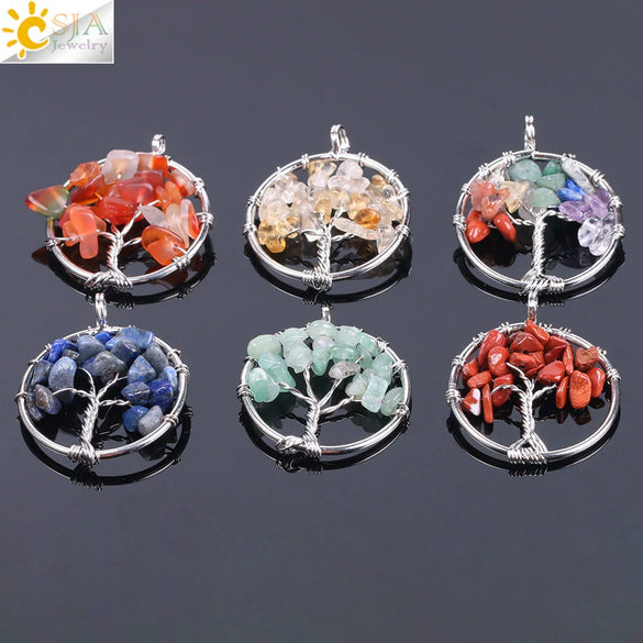 Pendant Jewelry Handmade With Natural Crystal Semi Precious Stone And Tree Of Life Design Electroplated