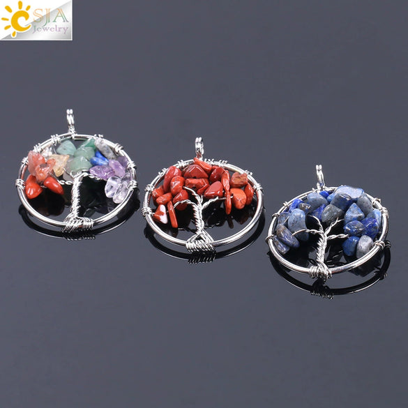 Pendant Jewelry Handmade With Natural Crystal Semi Precious Stone And Tree Of Life Design Electroplated