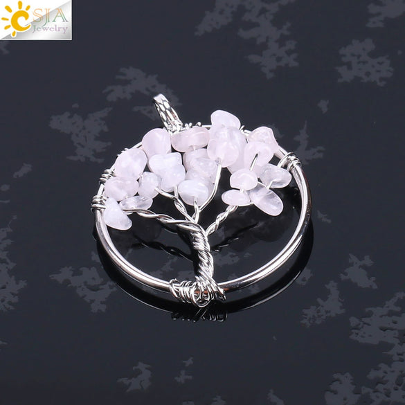 Pendant Jewelry Handmade With Natural Crystal Semi Precious Stone And Tree Of Life Design Electroplated