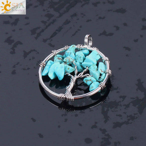 Pendant Jewelry Handmade With Natural Crystal Semi Precious Stone And Tree Of Life Design Electroplated