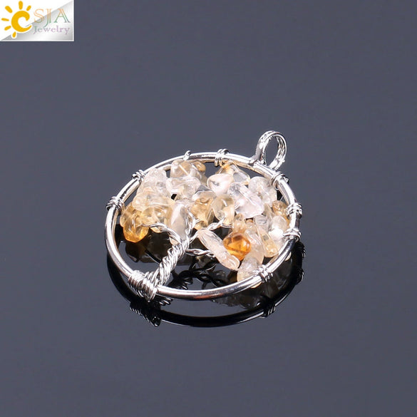 Pendant Jewelry Handmade With Natural Crystal Semi Precious Stone And Tree Of Life Design Electroplated
