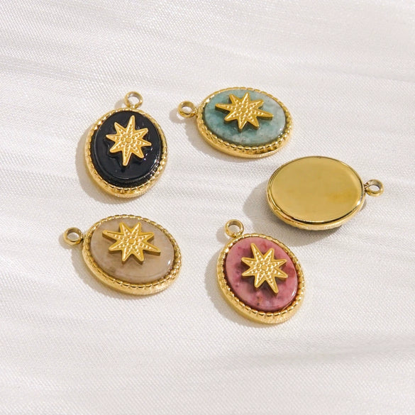 Pendant Jewelry Retro Style Geometric Oval Stainless Steel Natural Stone Inlay