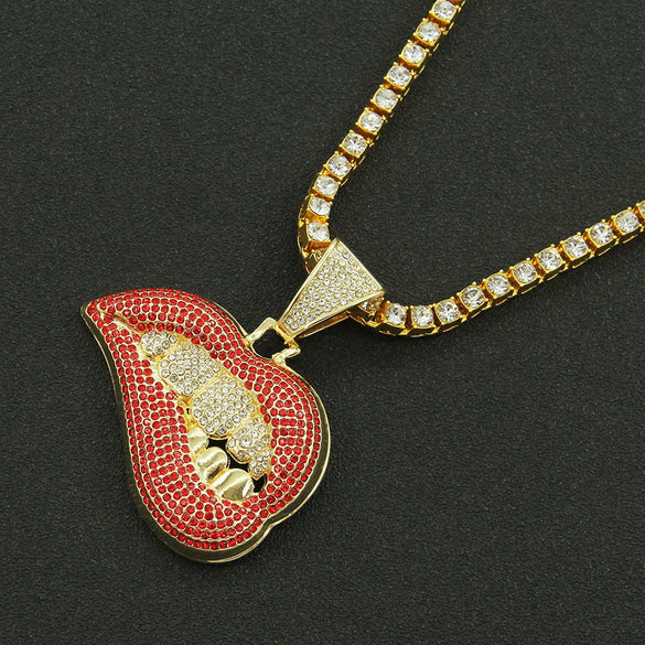 Pendant Necklace Alloy Geometric Diamond Pink Lip Diamond Tooth Cuban Chain For Men