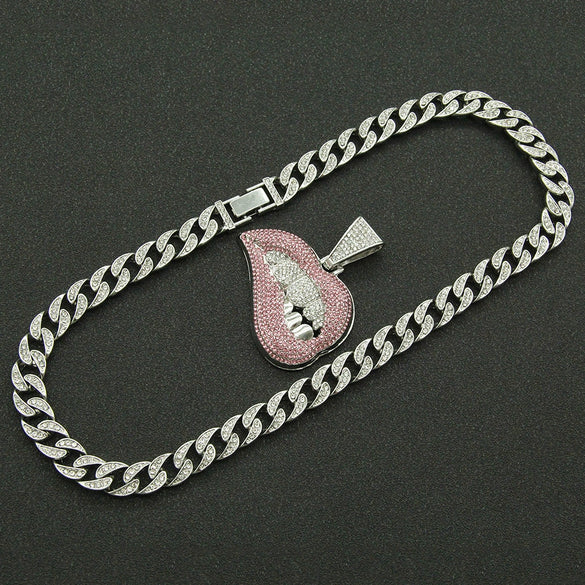 Pendant Necklace Alloy Geometric Diamond Pink Lip Diamond Tooth Cuban Chain For Men