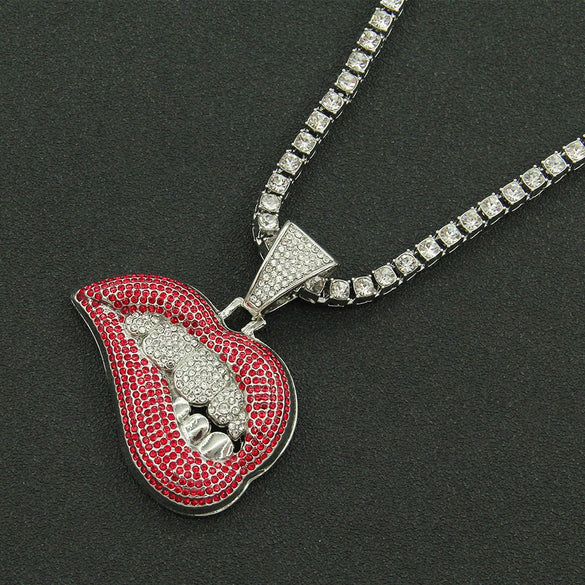 Pendant Necklace Alloy Geometric Diamond Pink Lip Diamond Tooth Cuban Chain For Men