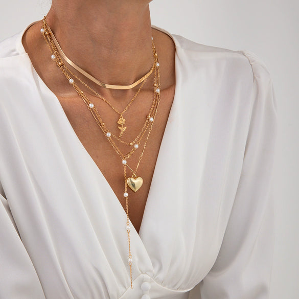 Pendant Necklace Alloy Imitation Pearl Tassel Snake Bone Chain Geometric Pattern Electroplating