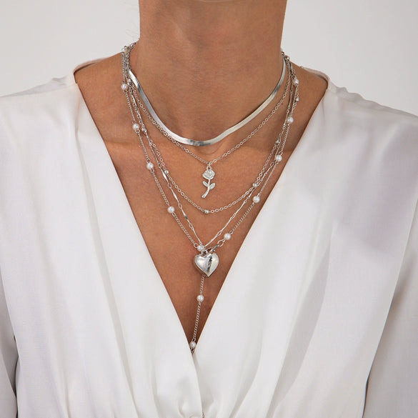 Pendant Necklace Alloy Imitation Pearl Tassel Snake Bone Chain Geometric Pattern Electroplating