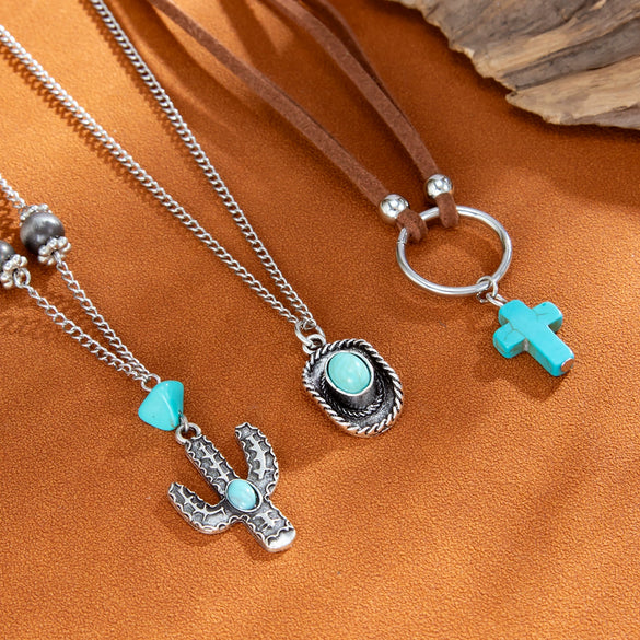 Pendant Necklace Alloy Imitation Turquoise Geometric Electroplating Braided Tassel Velvet Women's Horse Whip Chain
