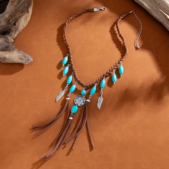 Pendant Necklace Alloy Imitation Turquoise Geometric Electroplating Braided Tassel Velvet Women's Horse Whip Chain