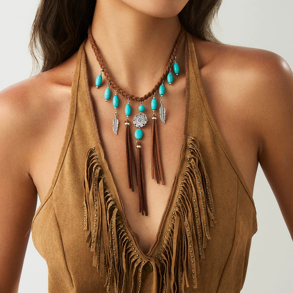 Pendant Necklace Alloy Imitation Turquoise Geometric Electroplating Braided Tassel Velvet Women's Horse Whip Chain