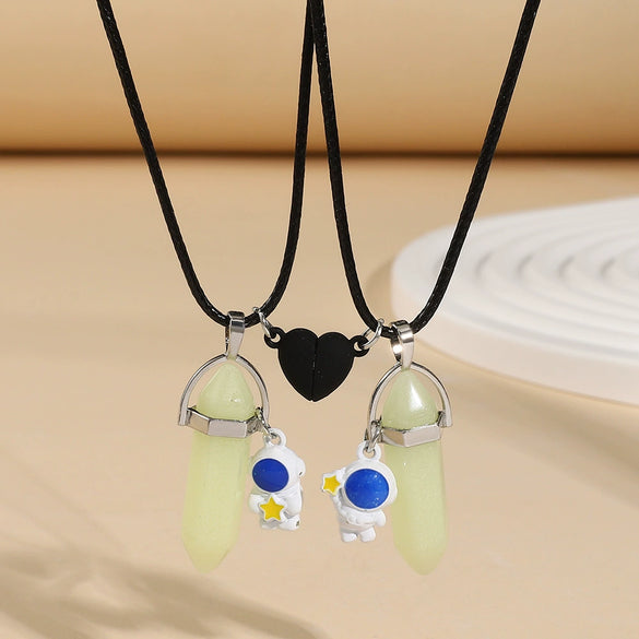 Pendant Necklace Alloy Luminous Hexagon Astronaut Love Magnetic Buckle Leather Rope Cartoon Characters Electroplating Couple's Good Friend Style