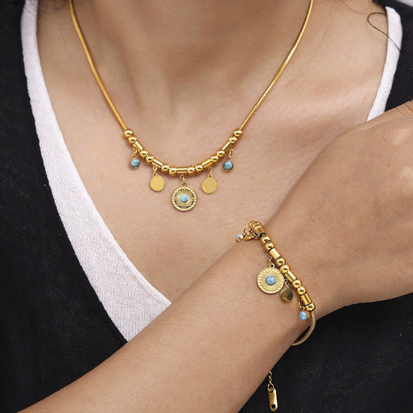 Pendant Necklace Bracelet Accessories 316L Stainless Steel Blue Turquoise Plated 18K Gold Fashion Light Luxury