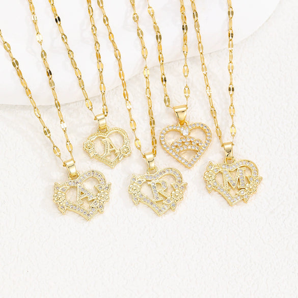 Pendant Necklace Copper Hollow Love Flowers English Letters Design