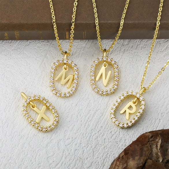 Pendant Necklace Copper Hollow Oval Electroplated Inlaid Zircon With Letters Pattern Simple Style