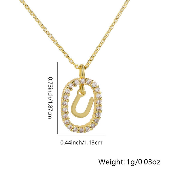 Pendant Necklace Copper Hollow Oval Electroplated Inlaid Zircon With Letters Pattern Simple Style