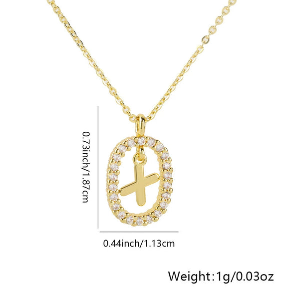 Pendant Necklace Copper Hollow Oval Electroplated Inlaid Zircon With Letters Pattern Simple Style