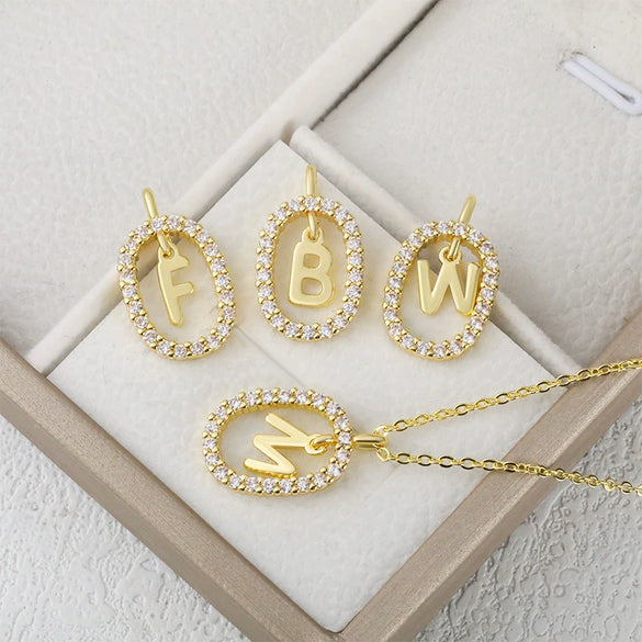 Pendant Necklace Copper Hollow Oval Electroplated Inlaid Zircon With Letters Pattern Simple Style