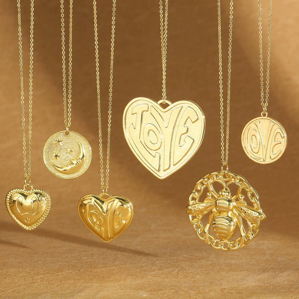 Pendant Necklace Copper 14K Goldplated Simple Geometric Heart Insect Bee Element
