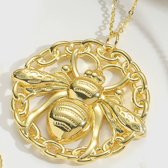 Pendant Necklace Copper 14K Goldplated Simple Geometric Heart Insect Bee Element