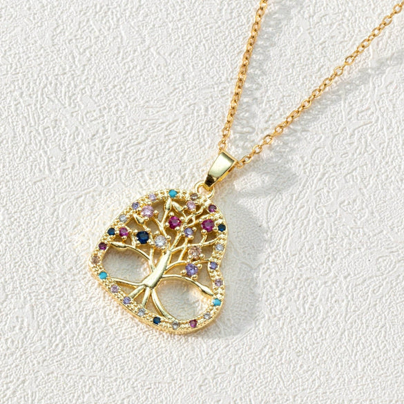 Pendant Necklace Copper 18K Goldplated Zircon Round Cut Out Tree Of Life Leaves Styling Ochain