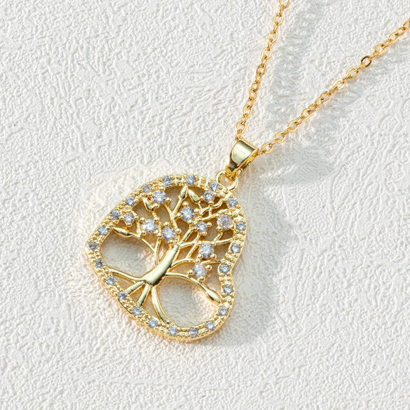 Pendant Necklace Copper 18K Goldplated Zircon Round Cut Out Tree Of Life Leaves Styling Ochain