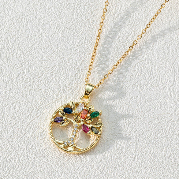 Pendant Necklace Copper 18K Goldplated Zircon Round Cut Out Tree Of Life Leaves Styling Ochain