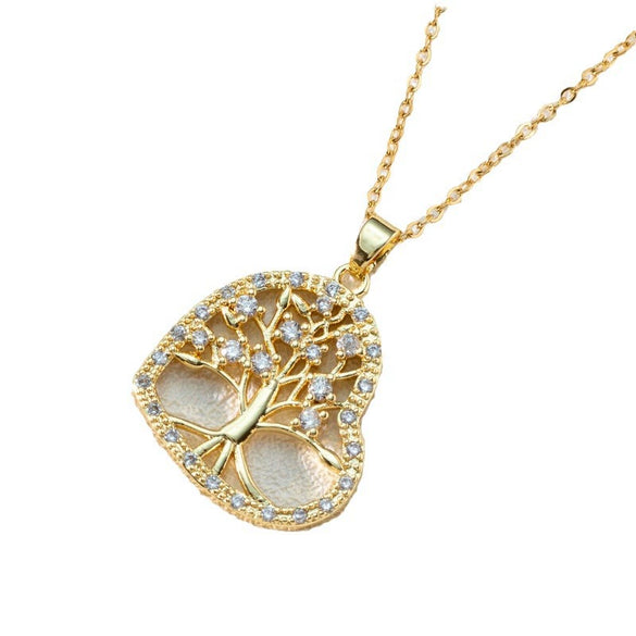 Pendant Necklace Copper 18K Goldplated Zircon Round Cut Out Tree Of Life Leaves Styling Ochain