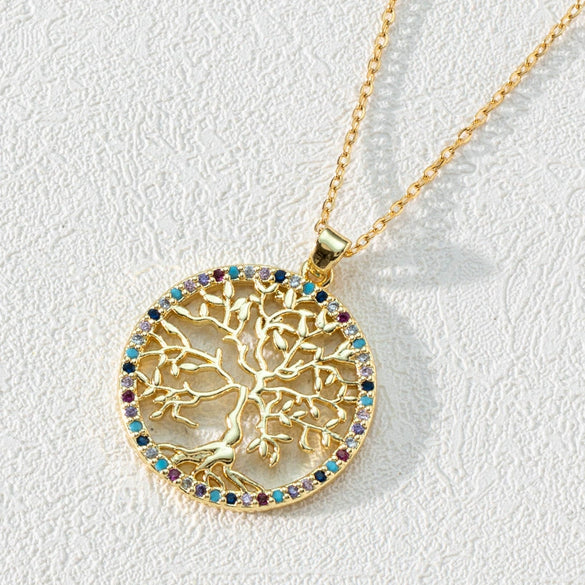 Pendant Necklace Copper 18K Goldplated Zircon Round Cut Out Tree Of Life Leaves Styling Ochain