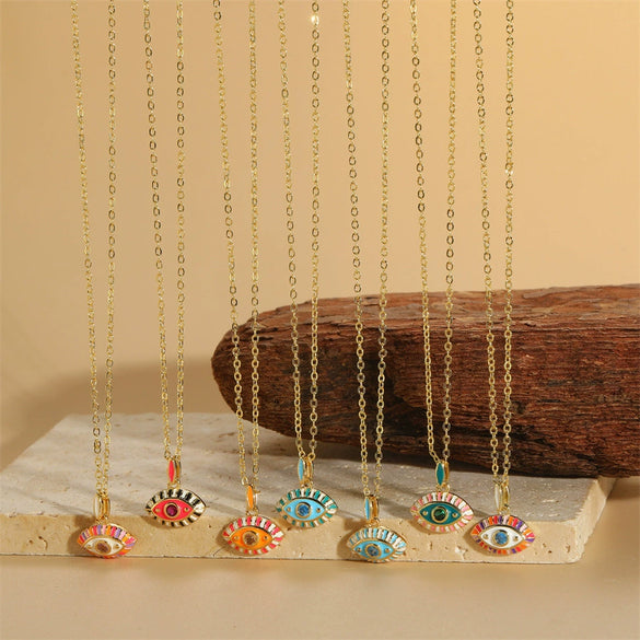 Pendant Necklace Copper Mixed Gem Inlay Dripping Oil Devil's Eye Design Ochain For Women