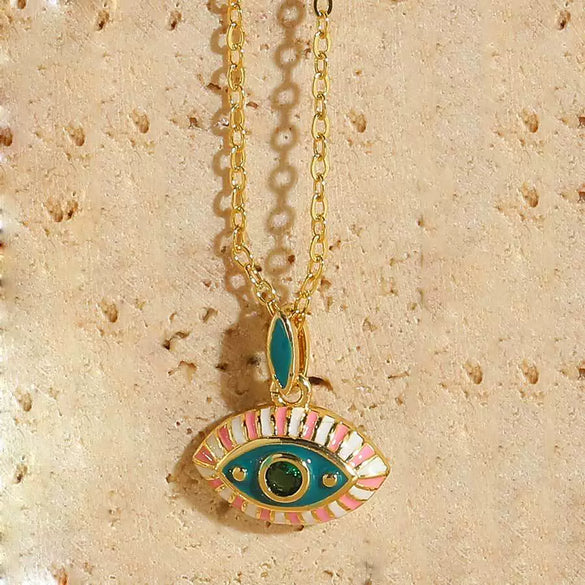 Pendant Necklace Copper Mixed Gem Inlay Dripping Oil Devil's Eye Design Ochain For Women