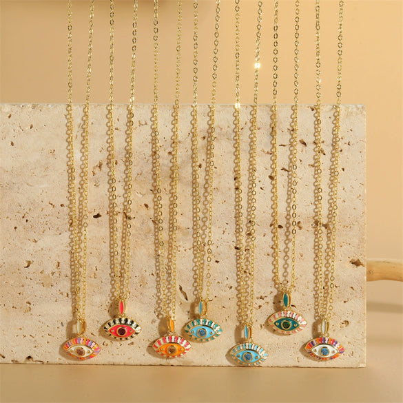 Pendant Necklace Copper Mixed Gem Inlay Dripping Oil Devil's Eye Design Ochain For Women
