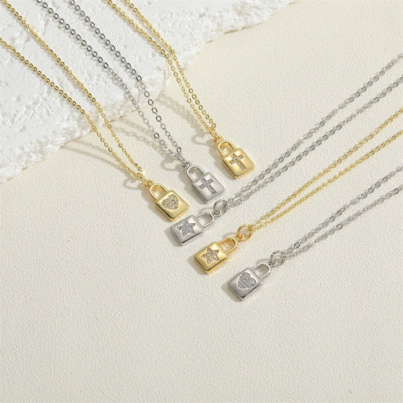 Pendant Necklace Copper Mixed Gem Inlay Fivepointed Star Heart Cross Lock Microinlay For Women