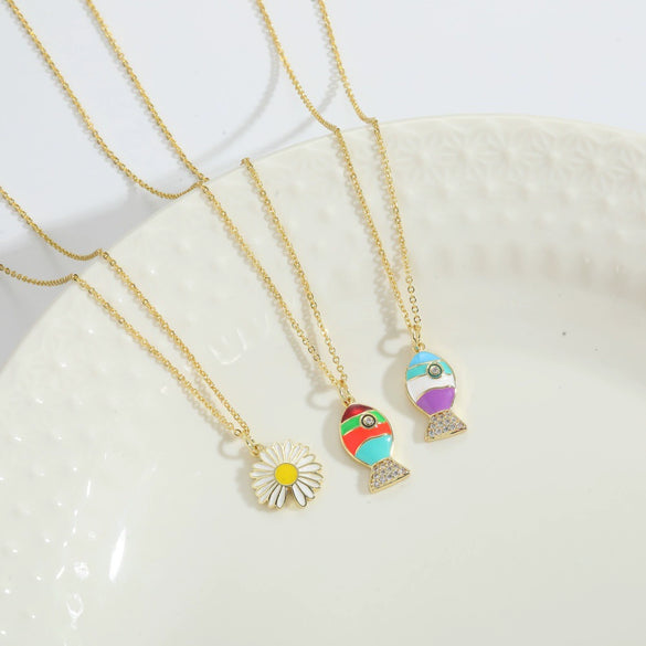 Pendant Necklace Copper Mixed Gemstone Setting Electroplating Daisy Shape Small Fish Design Women's