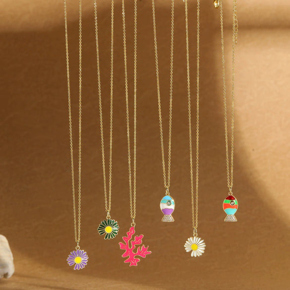 Pendant Necklace Copper Mixed Gemstone Setting Electroplating Daisy Shape Small Fish Design Women's