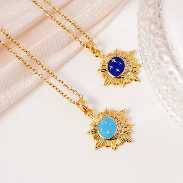 Pendant Necklace Copper Mixed Gemstone Setting Geometric Style Electroplated For Women
