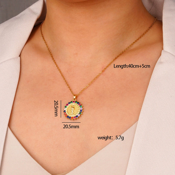 Pendant Necklace Copper Plated Real Gold Light Luxury Geometric Mixed Gemstone Setting Jewelry O Word Chain