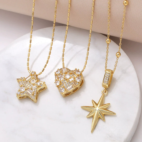 Pendant Necklace Copper Real Gold Plated Love Fivepointed Star Heart Geometric Hiphop Ochain Unisex