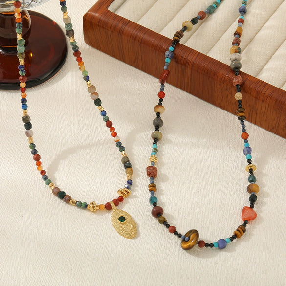 Pendant Necklace Copper Red Agate Elephant Handmade Geometric Leaves French Retro Style