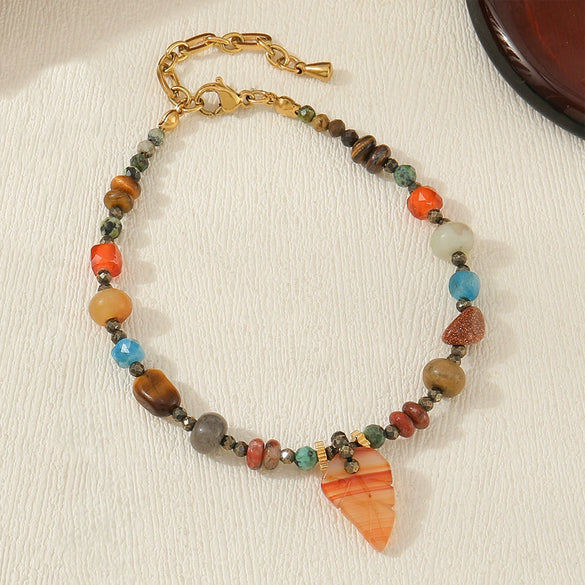 Pendant Necklace Copper Red Agate Elephant Handmade Geometric Leaves French Retro Style