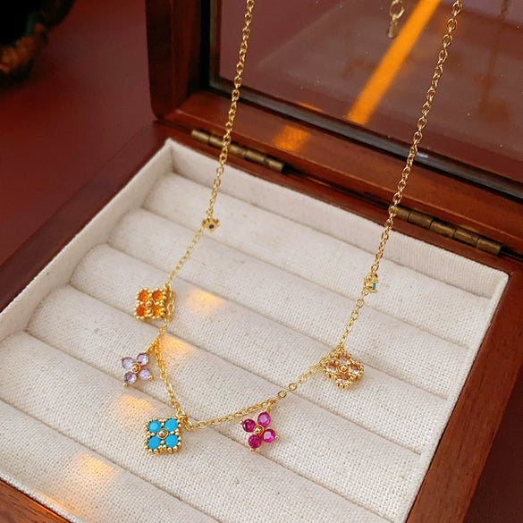 Pendant Necklace Copper 225 Silver Real Gold Electroplated Zirconia Retro Flower Style Clavicle Chain For Women