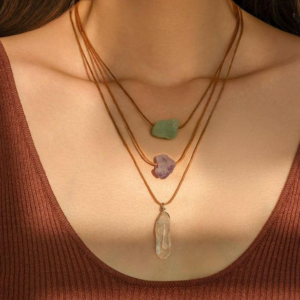 Pendant Necklace Crystal Wax Thread Stone Geometric Style