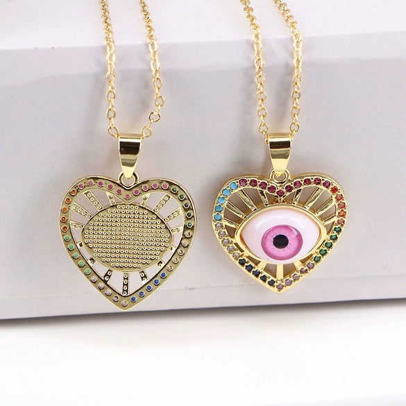 Pendant Necklace Female Copper Mixed Gem Inlaid Heart Shape Electroplating Vintage Style Water Wave Chain