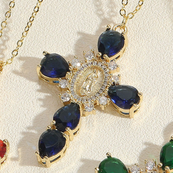 Pendant Necklace Female Niche Fashion Cross Virgin Portrait Copper Mixed Gem Inlay Electroplating Zircon Ochain