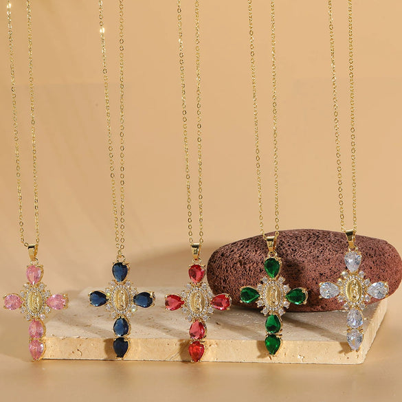 Pendant Necklace Female Niche Fashion Cross Virgin Portrait Copper Mixed Gem Inlay Electroplating Zircon Ochain